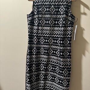 DKNY Black and White Geometric Mock Neck Midi Dress size 8
